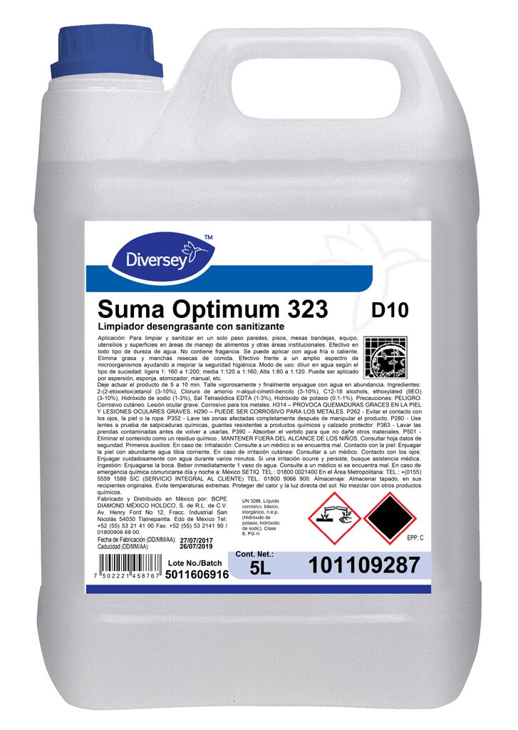 SUMA OPTIMUM 323 ULT. 5L - Limpiador desengrasante concentrado con sanitizante a base de cuaternario de amonio.
